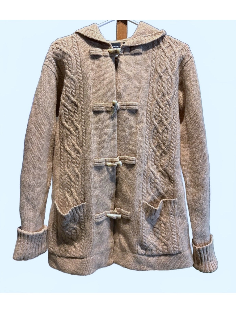 Nordic Design Beige Wool and Angora Hooded Toggle Coat - Woman’s Large